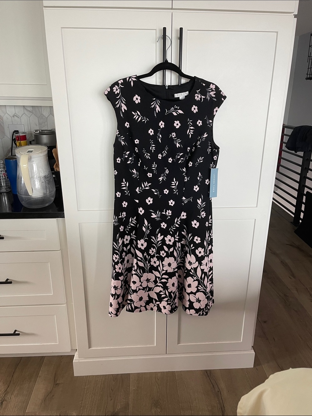 London Times Black and Light Pink Floral Fit-and-Flare Dress